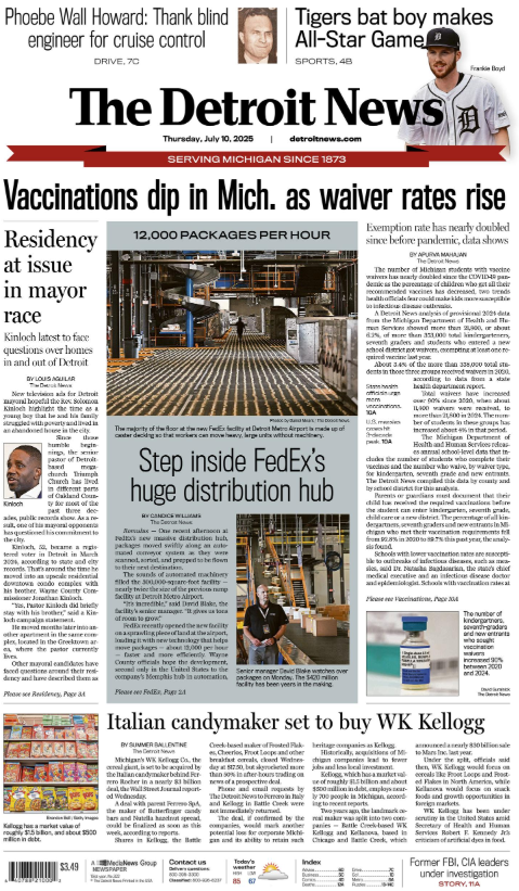 MichMediaWatch's tweet image. At least one Michigan paper had news of @KelloggsUS sale today, but home state @Gannett papers @freep and @bcenquirer were not it.