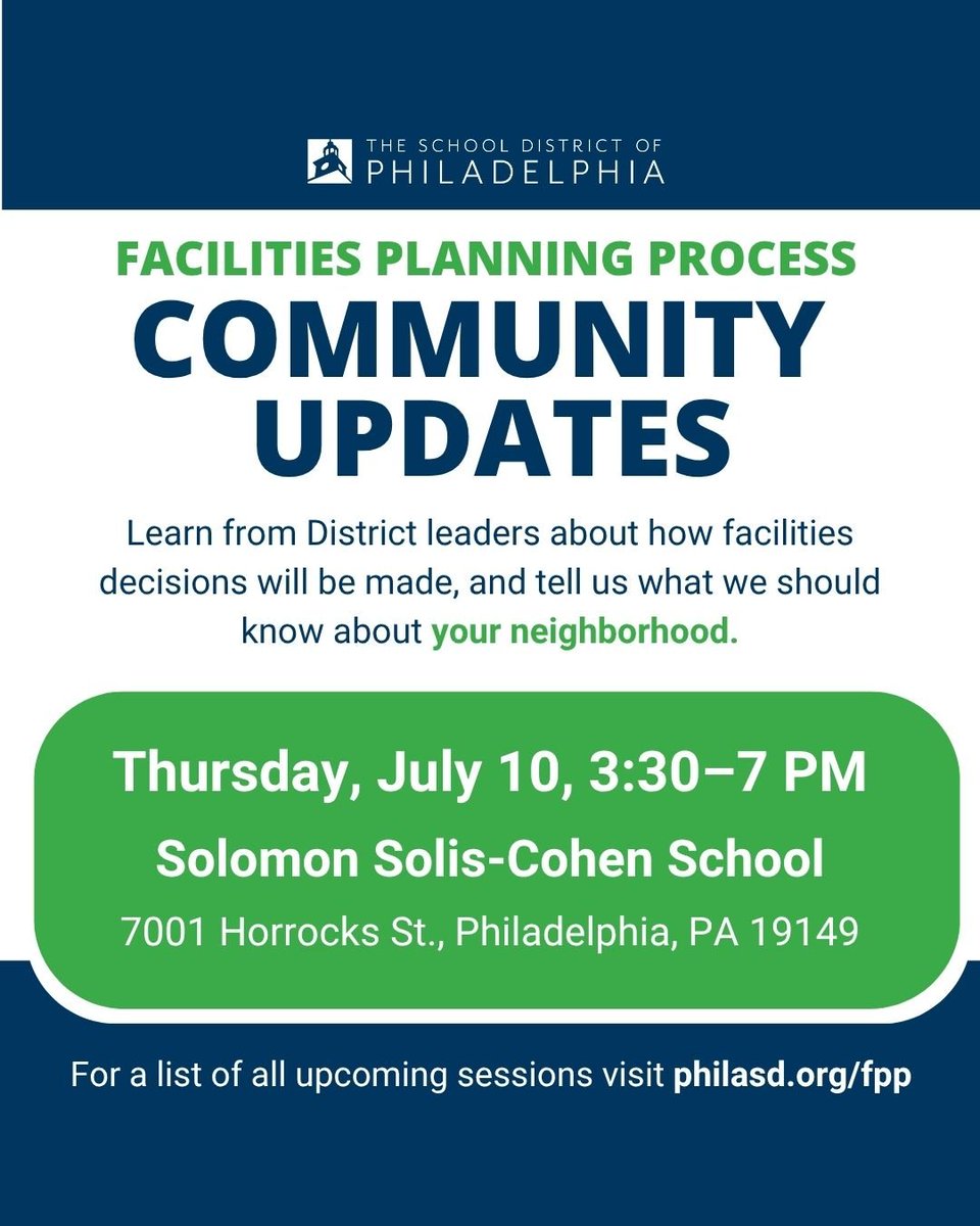 Today at S. Solis-Cohen Elementary, <a href="/PHLschools/">Philadelphia Schools</a> is holding a meeting to discuss our school facilities. Stop by to learn about how decisions on this process are made, ask questions and voice any concerns may have.