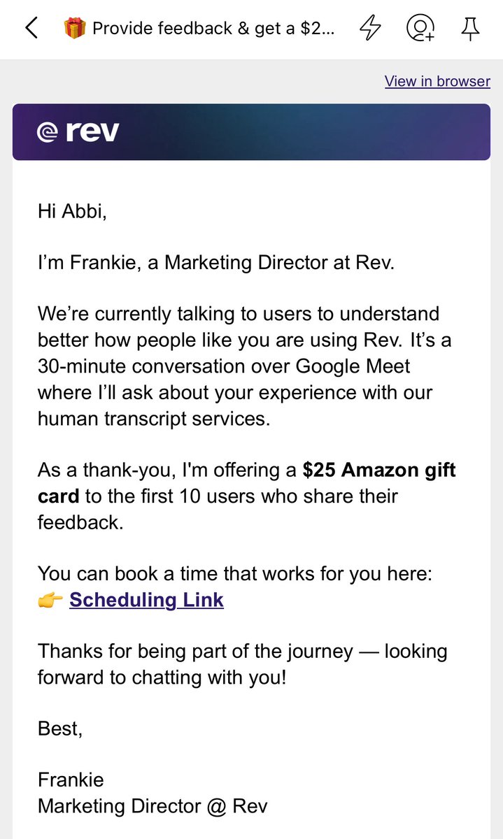 abbiperets's tweet image. Um.
Here’s an example of how not to do email marketing.
1. I haven’t used Rev in YEARS. I’m actually astounded that they’re still in business.
2. I haven’t heard from Rev in years.
3. Are they really not segmenting their list? Can they really not identify active users????…