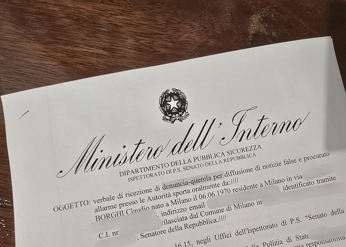 Denuncia per diffusione di notizie false e procurato allarme. Fatta ✅️
Vediamo se qualche PM mi stupirà oppure se finirà tutto come sempre in fondo alla pila. In ogni caso vale come avviso per chiunque pensi di ripubblicare la balla dei 500 morti per il caldo a Roma e Milano.