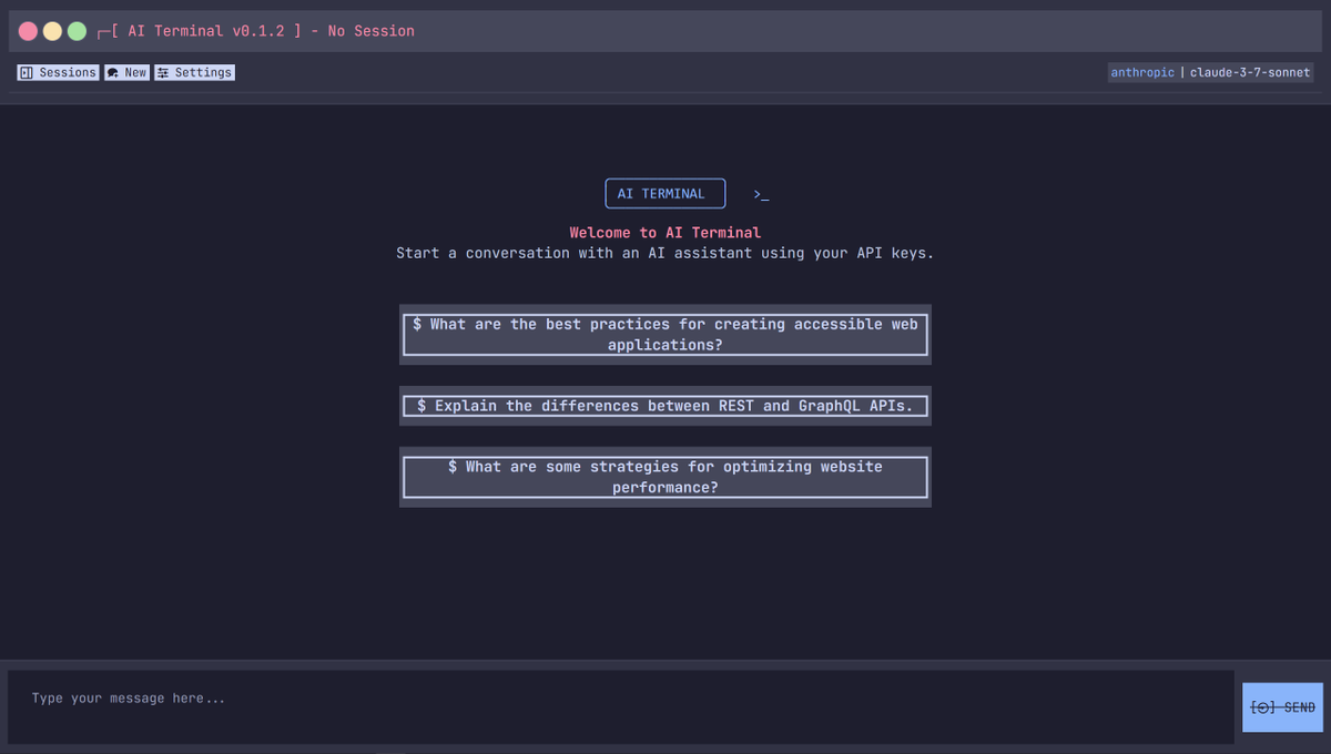 chandraprtmar's tweet image. Just dropped AI Terminal — a TUI-style AI chat wrapper styled entirely with @webtui.

Bring your own API key and experience the terminal-style AI chat in your browser.

ai-terminal-production.up.railway.app