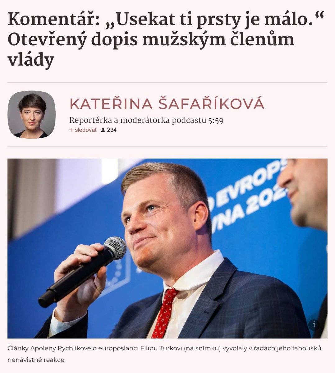 Já jsem samozřejmě malá ryba, ale nechci, aby až se historie zeptá, jsem byl mezi mlčícími. A trochu se stydím, že mi to musí říct až paní redaktorka.
Odsuzuji všechny zamindrákovaný pisatele a jejich nadávky. Taky mi lidi online nadávají, ale tohle je za hranou, netolerujme to