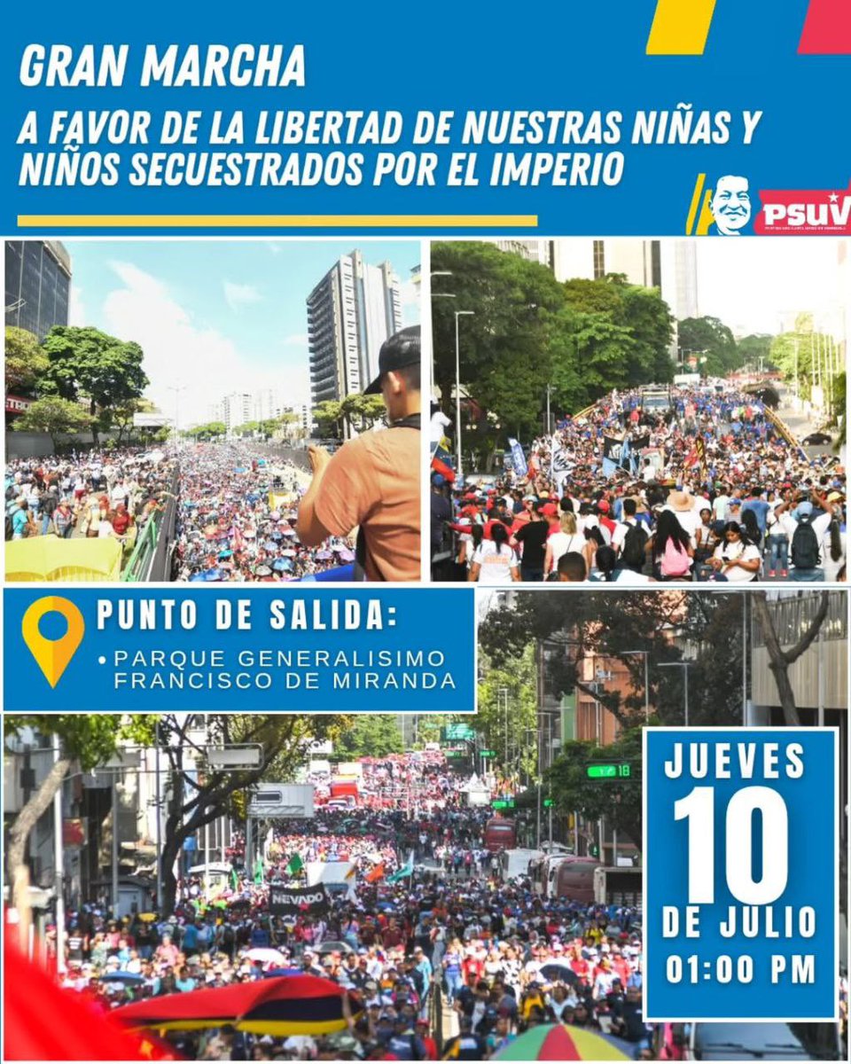 🔴ASISTE Y CONVOCA ||

Gran Marcha a favor de la libertad de nuestras niñas y niños secuestrados por el imperio. 🇺🇸

📍Salida: Parque Generalísimo Francisco de Miranda 
⏰1:00PM 

¡Exigimos Justicia y Libertad!✊ 

 #FreeOurChildren
