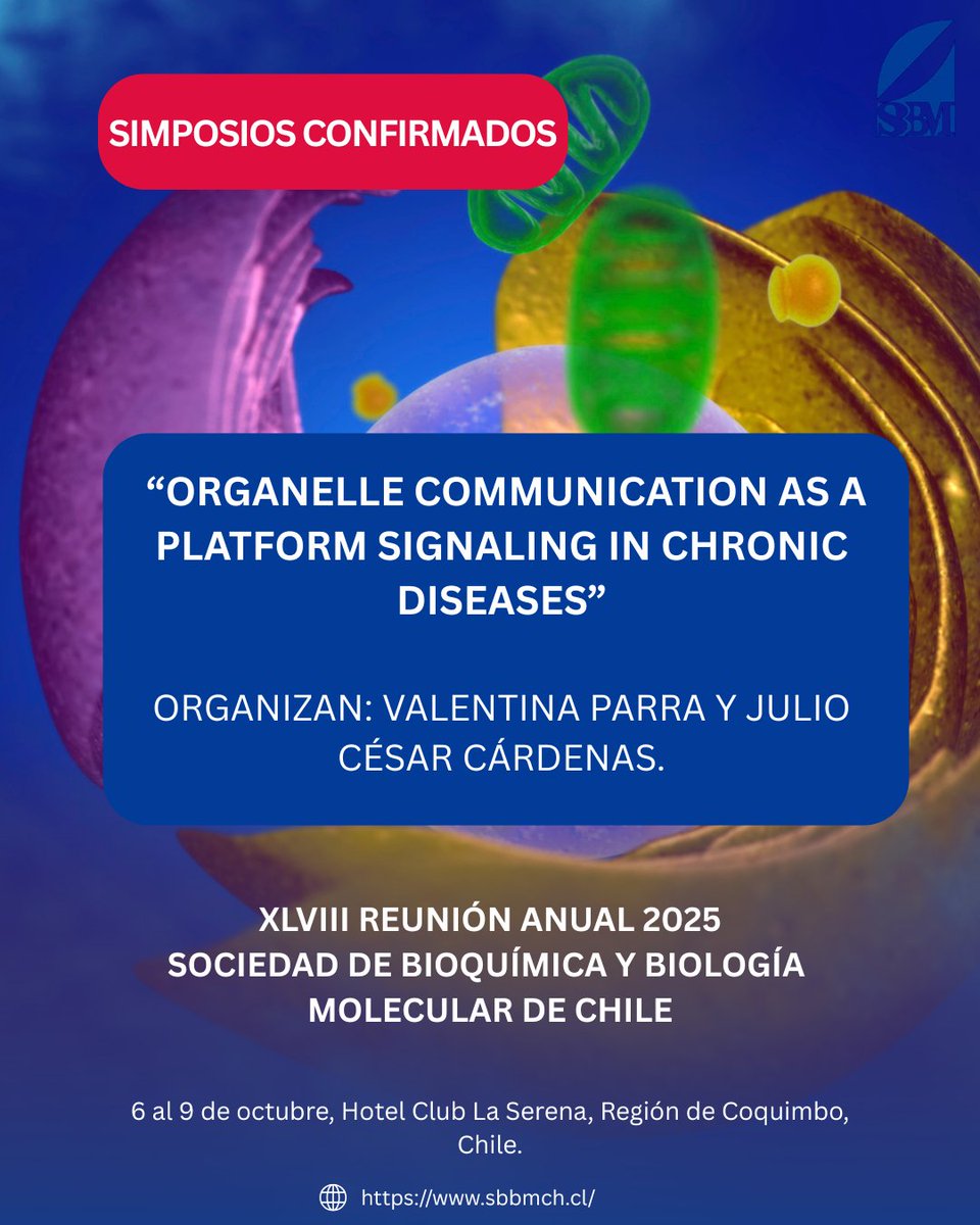 Sbbm_cl's tweet image. 🔬 ¡Nuevo simposio confirmado!
 “Organelle Communication as a Platform Signaling in Chronic Diseases”. 

👩‍🔬 Organizan: Valentina Parra y Julio César Cárdenas
📍 La Serena | 🗓 6 al 9 de octubre
🔗 sbbmch.cl