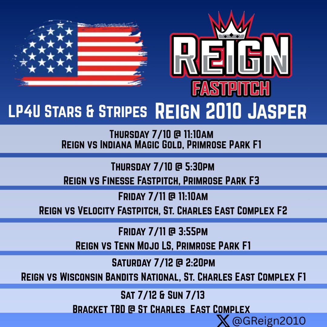 Ava Scott (@avascott2029) on Twitter photo Big weekend ahead at the LP4U Stars & Stripes Tournament with my <a href="/GReign2010/">GenuWin Reign 2010 TJ</a> squad 🇺🇸🔥
Some great matchups on deck — check the schedule and come out to support if you’re in the area!
<a href="/GReign2010/">GenuWin Reign 2010 TJ</a>, <a href="/ErnieLukesch/">Elevate Performance + Recovery</a>, <a href="/PGFnetwork/">PGF</a>, <a href="/ExtraInningSB/">EXTRA INNING SOFTBALL</a>, <a href="/LineDsoftball/">Line Drive Media</a>, <a href="/fastpitchwatch/">Fastpitch Watch</a>, Big weekend ahead at the LP4U Stars & Stripes Tournament with my <a href="/GReign2010/">GenuWin Reign 2010 TJ</a> squad 🇺🇸🔥
Some great matchups on deck — check the schedule and come out to support if you’re in the area!
<a href="/GReign2010/">GenuWin Reign 2010 TJ</a>, <a href="/ErnieLukesch/">Elevate Performance + Recovery</a>, <a href="/PGFnetwork/">PGF</a>, <a href="/ExtraInningSB/">EXTRA INNING SOFTBALL</a>, <a href="/LineDsoftball/">Line Drive Media</a>, <a href="/fastpitchwatch/">Fastpitch Watch</a>,