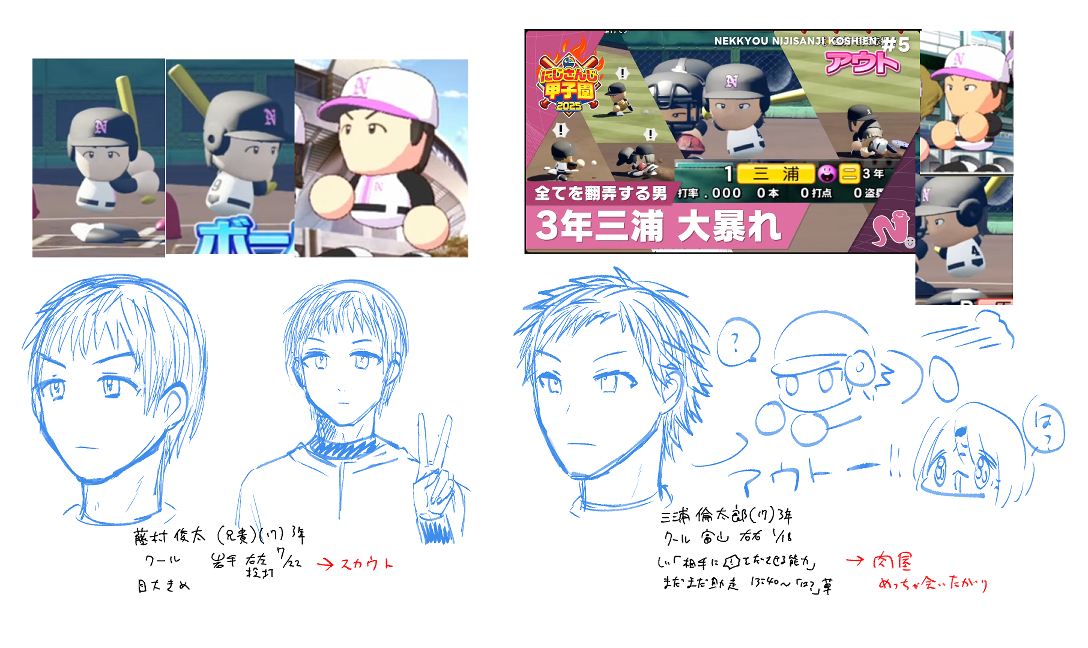 三浦たちが現役の頃に描いたメモなんだけど、キャラ創作めちゃくちゃ苦手なのににじ高の先輩たち魅力的すぎて描いてみたくなっちゃう 