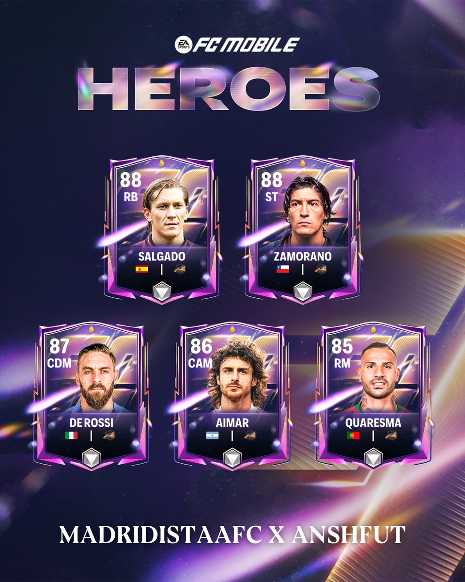 🔥 New Heroes Coming to FC Mobile Season 3! 💫

Confirmed for FC26 — &amp; also heading to FC Mobile S3! ⚽🔥

🇪🇸 Michel Salgado
🇨🇱 Iván Zamorano
🇮🇹 Daniele De Rossi
🇦🇷 Pablo Aimar
🇵🇹 Ricardo Quaresma
Who are you most excited for? 👀

🤝 Collab with <a href="/AnshFUT/">AnshFUT</a> 

#FCMobile #FC26 #Heroes