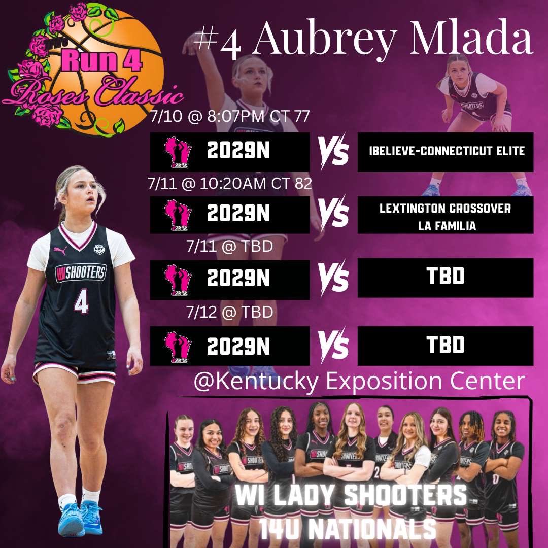 aubrey_mlada's tweet photo. Super excited for the Run 4 Roses Classic with my 14u National team. Here’s my schedule for this weekend! @wiladyshooters https://t.co/s9bhKkpzjv