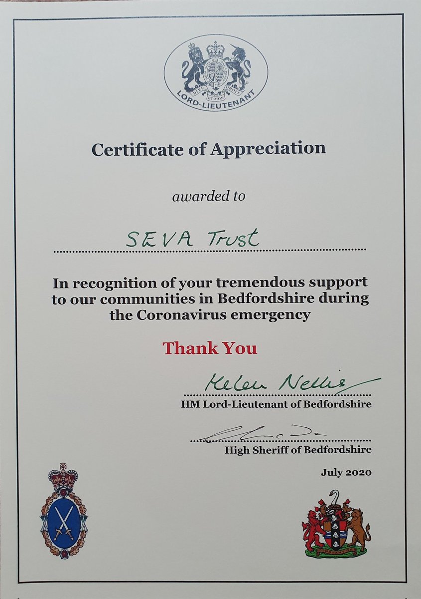 During national emergency #Covid19 we feel fortunate to be supported by so many volunteers enabling us to play our part helping our local communities &amp; international students in various parts of UK

Thx HM LL &amp; HS of #bedfordshire #Bedford for a token of appreciation #sevaforall