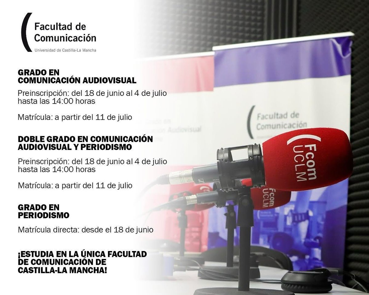 FcomUCLM's tweet image. 🚨🚨 Os recordamos que mañana comienzan las matriculaciones en #ComunicaciónAudiovisual y #DobleGrado. Las de #Periodismo siguen abiertas. Ya no falta nada para que seáis #UCLMERS. #Elcambioerestú
@uclm_es