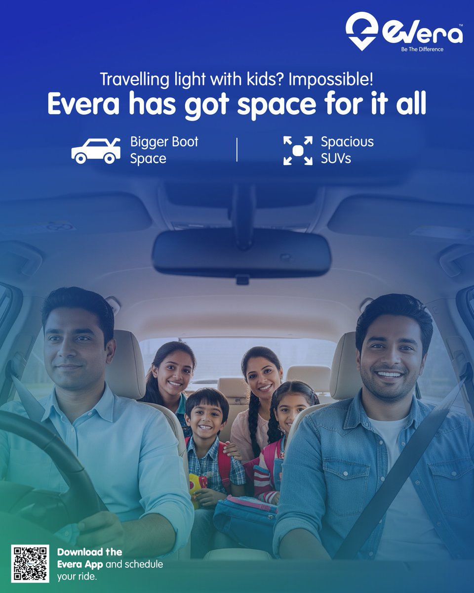 Family trips: "Where's this bag going?"

With <a href="/everacabs/">Everacabs</a>:
🧳 Large boot for luggage
🚙 Spacious SUVs for comfort
🔋 Electric, clean, quiet
Fits all for getaways.

📲 App &amp; book: qrcodes.pro/2g0L5e

#EV #FamilyTravel #GreenTravel #EveraCabs