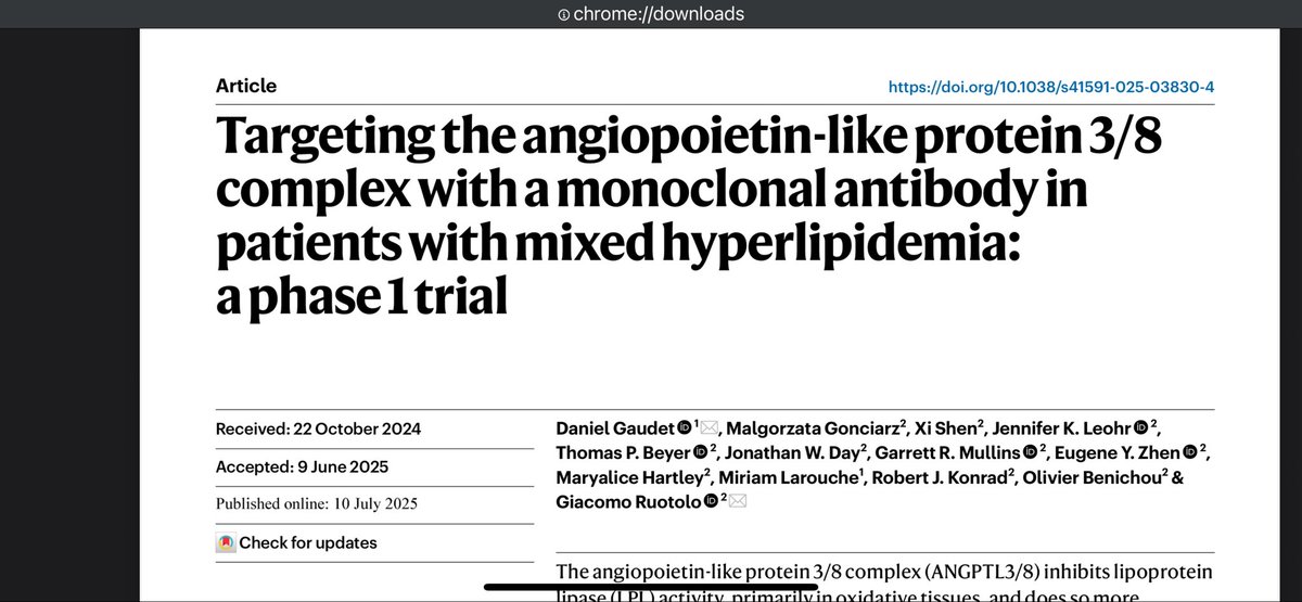 Hot off the press! Excited to share our new publication in #naturemedicine rdcu.be/evDC9

#ANGPTL3 #ANGPTL8 #lipids #ASCVD 
Targeting the specific ANGPTL3/8 complex to improve several dyslipidemias and possibly reduce residual cardiovascular risk