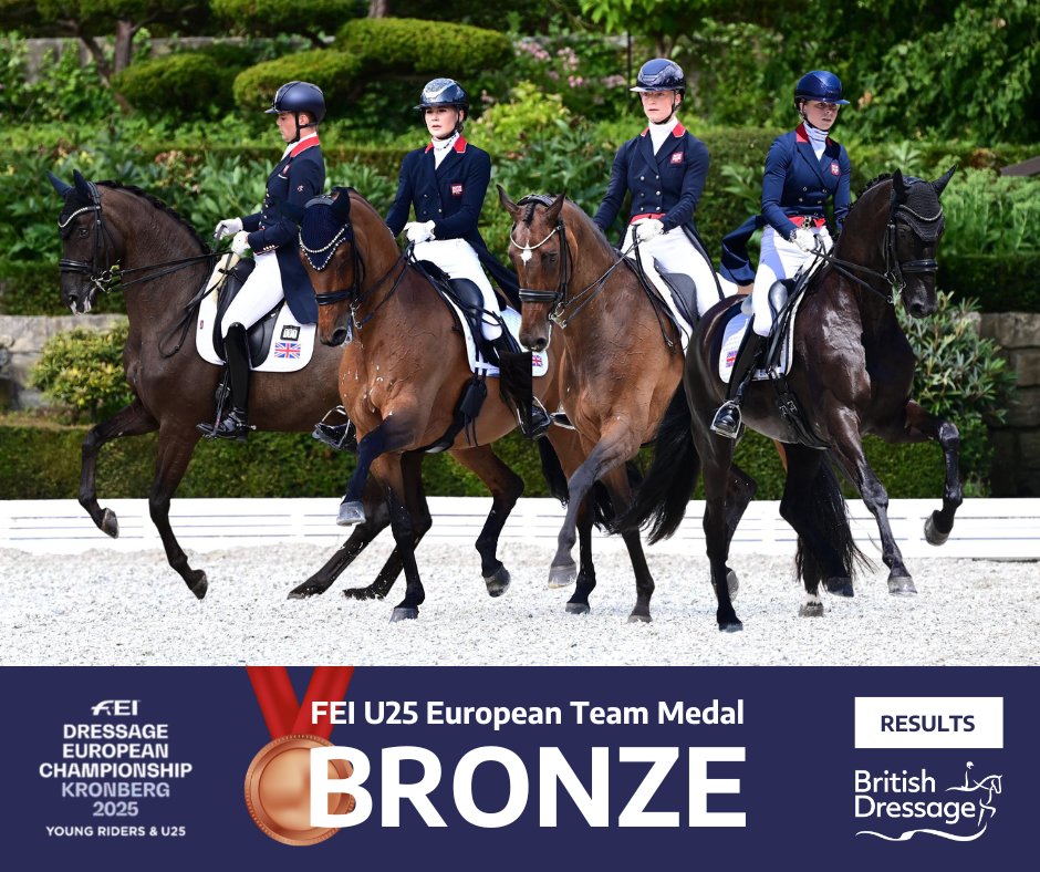 Bronze for Britain at the U25 European Championships!

The U25 team of Annabella Pidgley, Harrison Ashton, Lilah Gibbs and Charlotte Lutener achieve the medal mission and earn their spot on the podium in Kronberg! 

🥇🇩🇪 Germany - 217.205
🥈🇳🇱 The Netherlands - 211.647
🥉🇬🇧 Great
