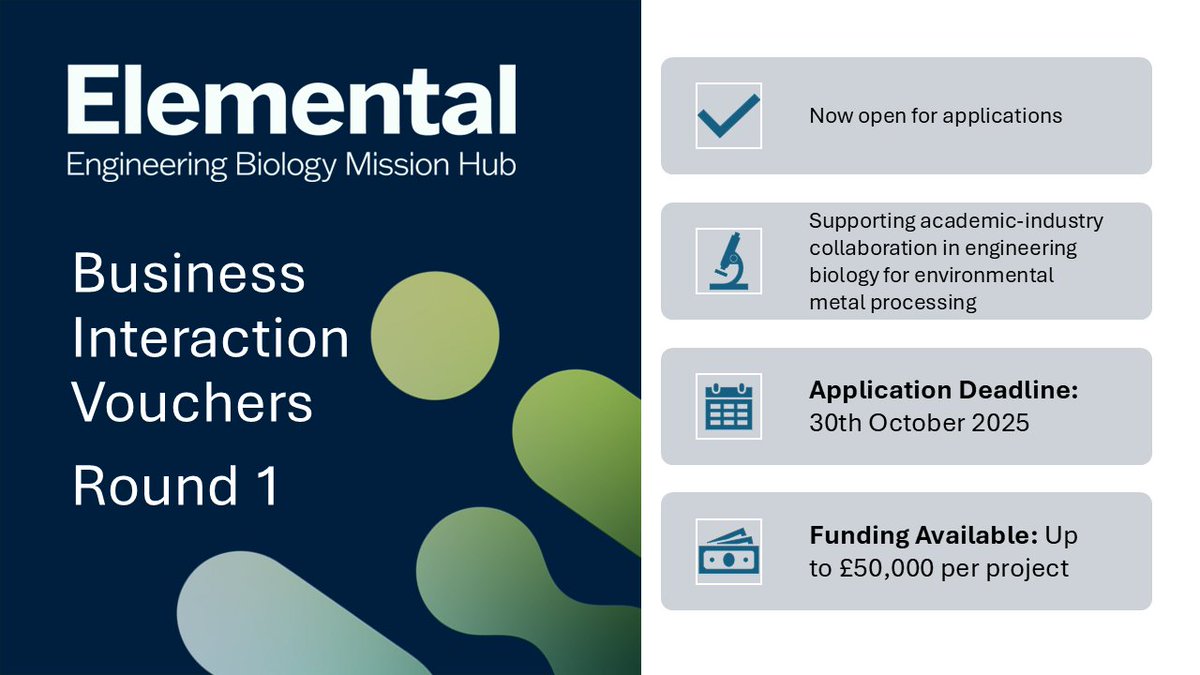 Elemental (@elementalengbio) on Twitter photo Funding call: Announcing Round 1 of our #BusinessInteractionVouchers funded through <a href="/UKRI/">Ukri Jubuhuhu</a> <a href="/BBBSRC/">Big Bro Big Sis RC</a> mission Hub with awards up to £50K Apply now at elementalhub.org/funding/ #EngineeringBiology #TechnologyReadiness #ResearchInnovation Funding call: Announcing Round 1 of our #BusinessInteractionVouchers funded through <a href="/UKRI/">Ukri Jubuhuhu</a> <a href="/BBBSRC/">Big Bro Big Sis RC</a> mission Hub with awards up to £50K Apply now at elementalhub.org/funding/ #EngineeringBiology #TechnologyReadiness #ResearchInnovation