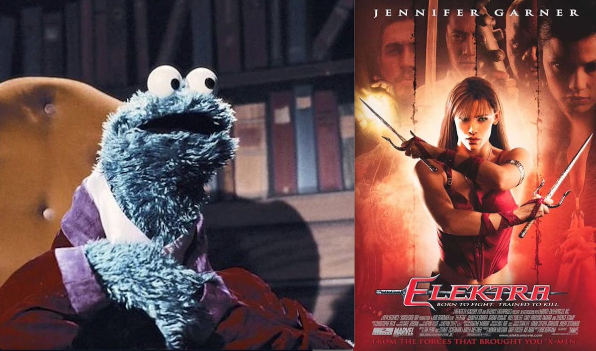 f_CookieMonster's tweet image. Cookie Monster movie review: Elektra (2005)
Dis movie as confused as monster at Grover’s bris after me down four shooters, tree oatmeal cookies (de drink, not de cookie), and six oatmeal cookies (de cookies, not de drink). But me not de only one confused dat night. Turn out…