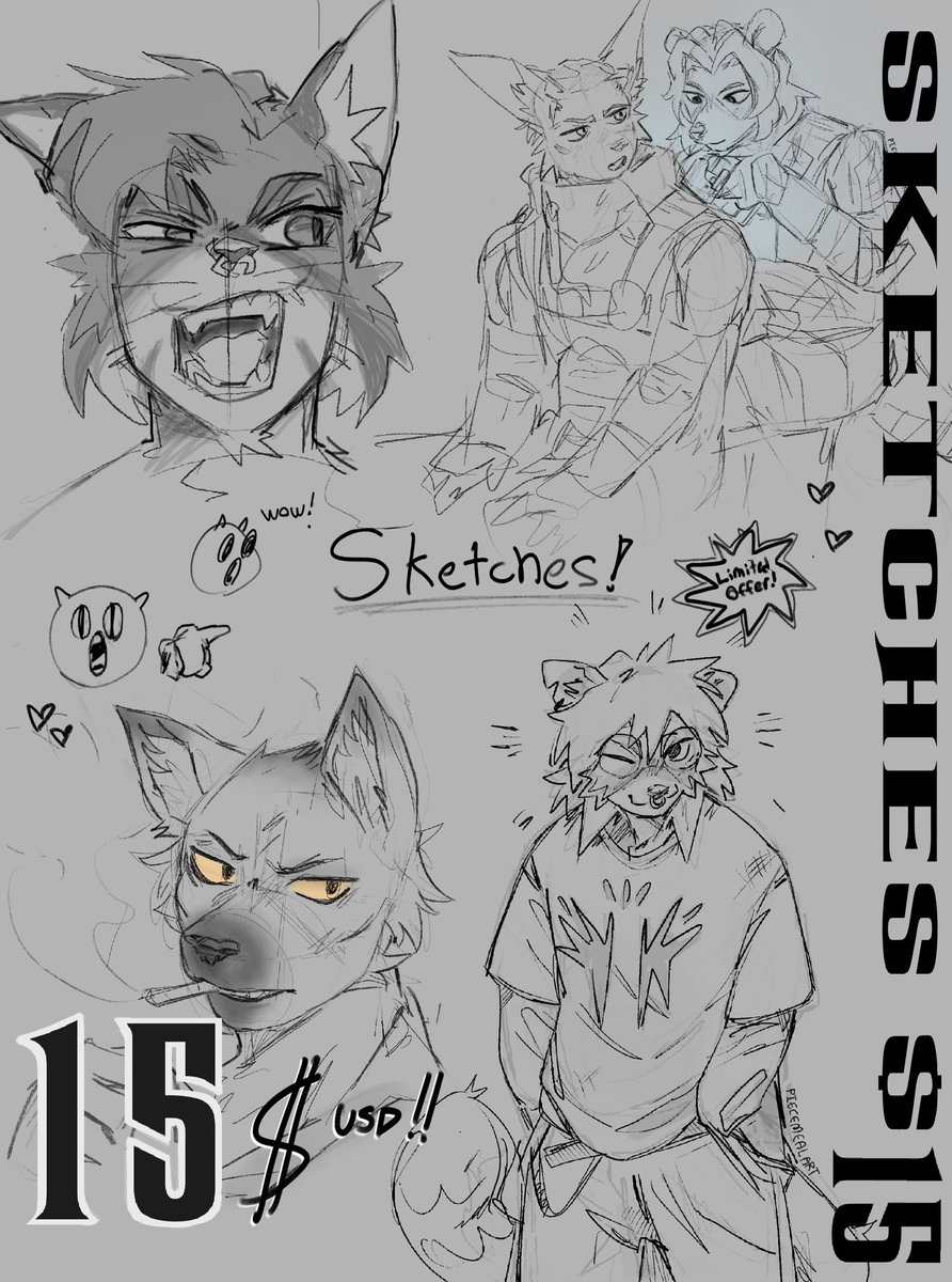 Piecemealart's tweet image. Back from illness break, opening sketch comms again
$15 USD for each! May take longer to respond