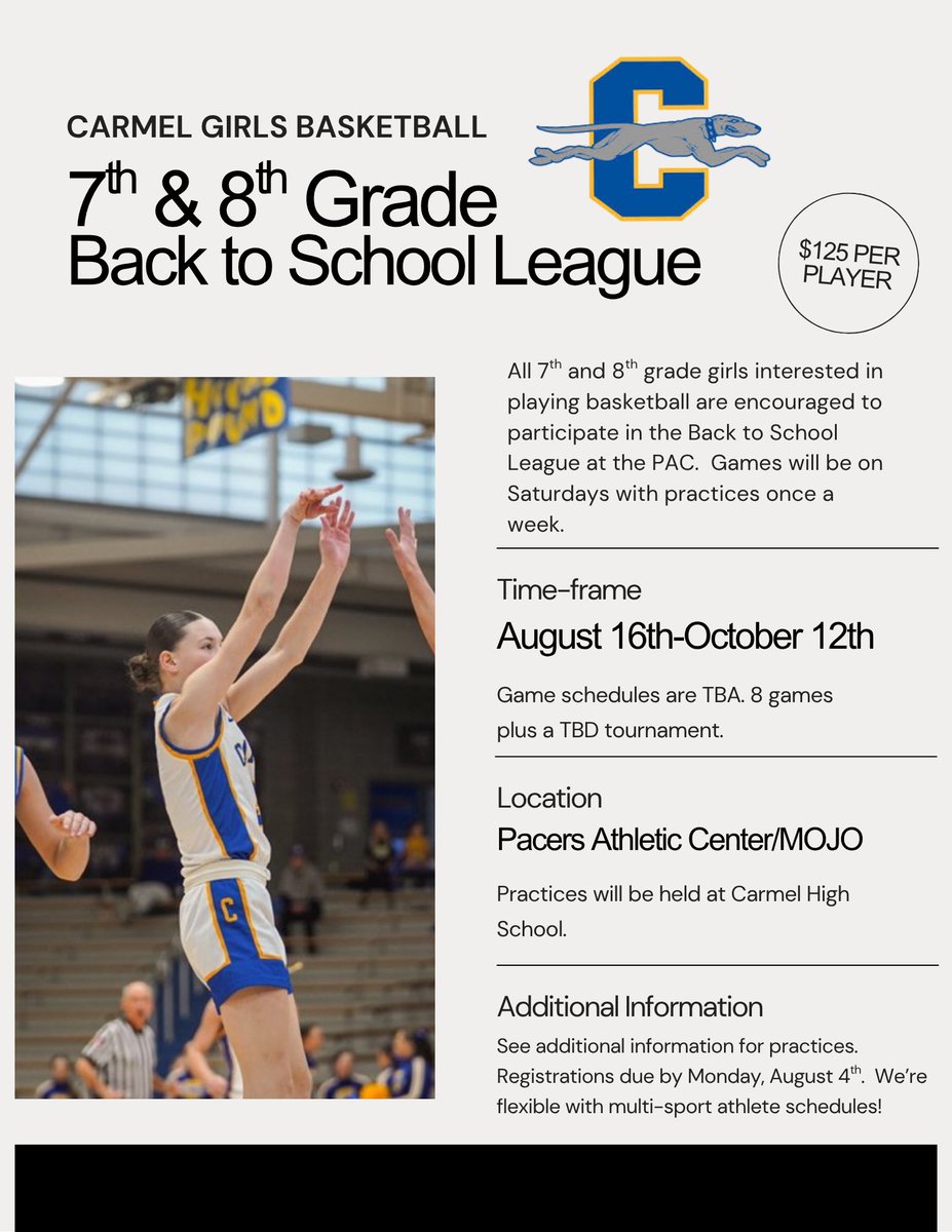 Carmel Girl’s Basketball (@chs_womensbball) on Twitter photo It’s time for our 7th and 8th graders to register for the fall back to school league! Preliminary information is on the flyer below. First practice is August 4th from 6:30-8 pm in the high school Fieldhouse. <a href="/carmelathletics/">Jim Inskeep</a>
Registration link: gofan.co/app/school/IN3… It’s time for our 7th and 8th graders to register for the fall back to school league! Preliminary information is on the flyer below. First practice is August 4th from 6:30-8 pm in the high school Fieldhouse. <a href="/carmelathletics/">Jim Inskeep</a>
Registration link: gofan.co/app/school/IN3…