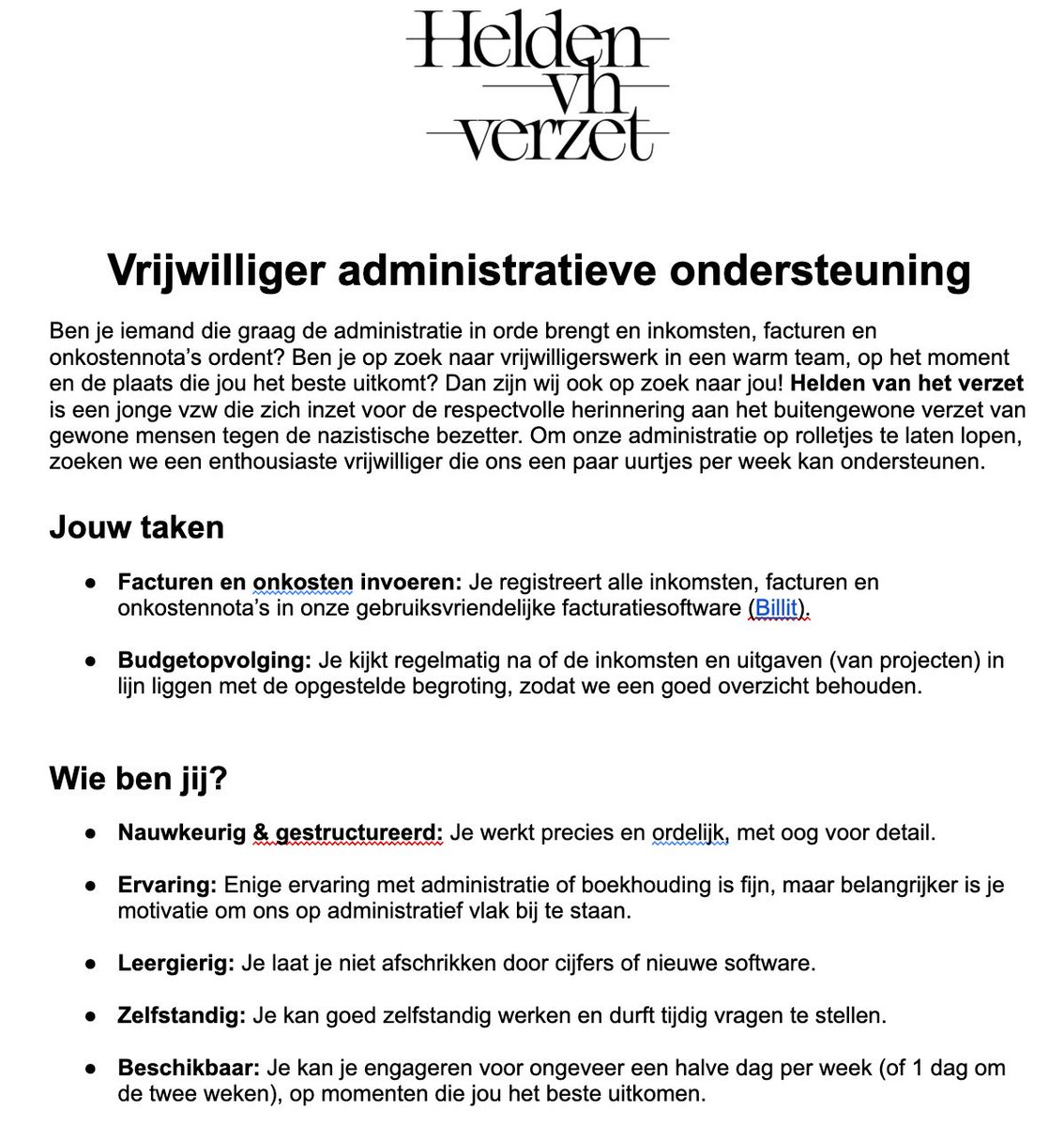 danyneudt's tweet image. Administratieve vrijwilliger gezocht! Breng je graag structuur in inkomsten, facturen en onkostennota’s? Zoek je flexibel vrijwilligerswerk in een warm team? Bekijk de vacature en mail je interesse naar onze vrijwilligerscoach via florence@heldenvanhetverzet.be ❤️