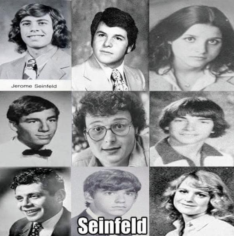 Gig_Digger's tweet image. These are all Seinfeld characters in high school. The first 4 are obvious, but can you figure out the other characters? Jerry looks like he could have been one of the Hanson brothers on the movie "slapshot".