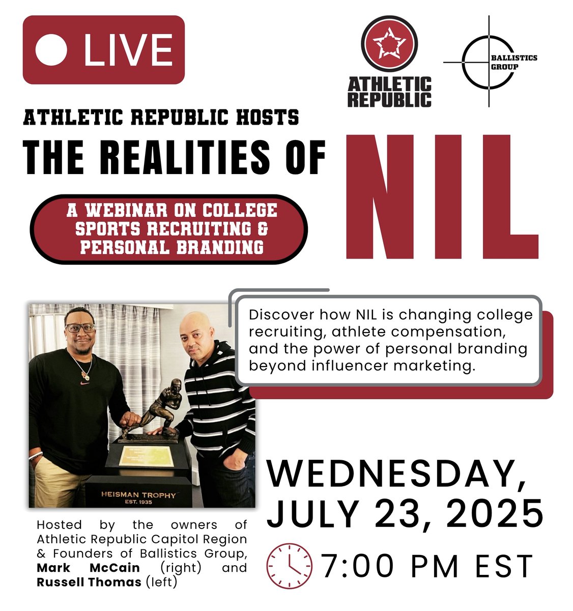 Athletic Republic is partnering with Ballistics Group to host a webinar titled “The Realities of NIL: College Sports Recruiting &amp; Personal Branding”

<a href="/ARCapitolRegion/">Athletic Republic</a> Owners &amp; Founders of <a href="/BallisticsGroup/">BallisticsGroup</a>, Mark McCain and Russell Thomas will be leading a panel discussion about
