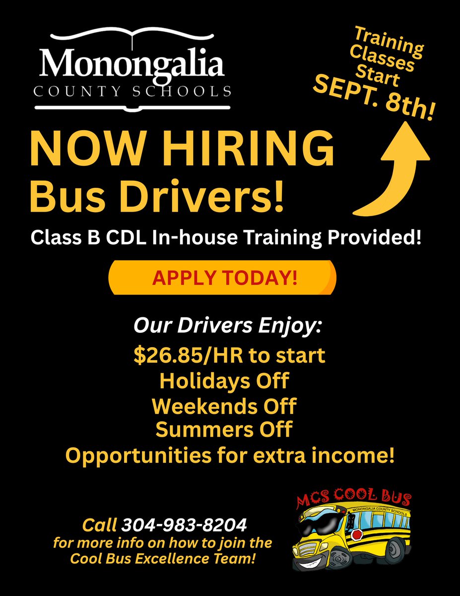 🚍 Bus Driver Training Begins Sept. 8th - Apply Today! 
 👉 Apply today and take the first step toward a rewarding career: 
applitrack.com/wvde/onlineapp… 
#MonongaliaCountySchools #NowHiring #BusDrivers #CoolBusDrivers