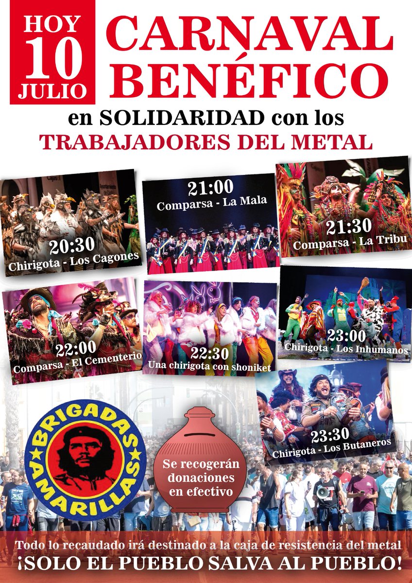 @CTM coordinadora de trabajadores del metal (@ctm97560609) on Twitter photo Todo el mundo esta noche en el carnaval benéfico que organiza <a href="/BA1982Oficial/">Brigadas Amarillas</a>
Una forma divertida de colaborar con los detenidos por la #HuelgaDelMetalCadiz
UNA SOLA CLASE.
UNA SOLA LUCHA.
✊✊ Todo el mundo esta noche en el carnaval benéfico que organiza <a href="/BA1982Oficial/">Brigadas Amarillas</a>
Una forma divertida de colaborar con los detenidos por la #HuelgaDelMetalCadiz
UNA SOLA CLASE.
UNA SOLA LUCHA.
✊✊