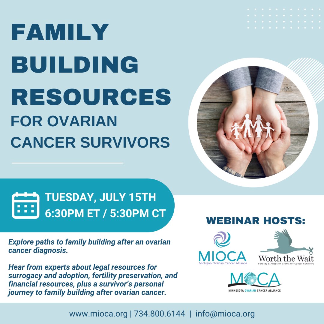 On 7/15, join MIOCA &amp; our webinar partners for Family Building Resources for Ovarian Cancer Survivors. This informative session will explore different paths to #family building after an ovarian cancer diagnosis. Register at mioca.org

#Fertility #Adoption #Surrogacy