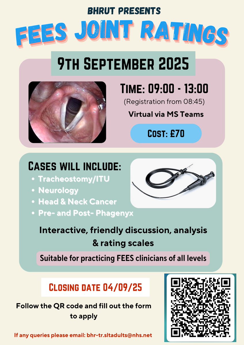 FEES JOINT RATINGS 🤩
Back by popular demand, join us for our 2nd FEES Joint Rating, exploring patients from Tracheostomy, Neurology and H&amp;N. 
Also exploring outcome of Phagenyx 👀
Sign up by scanning QR code, can’t wait to see you there 🕺🫵
#FEES #mySLTday #SLT #phagenyx