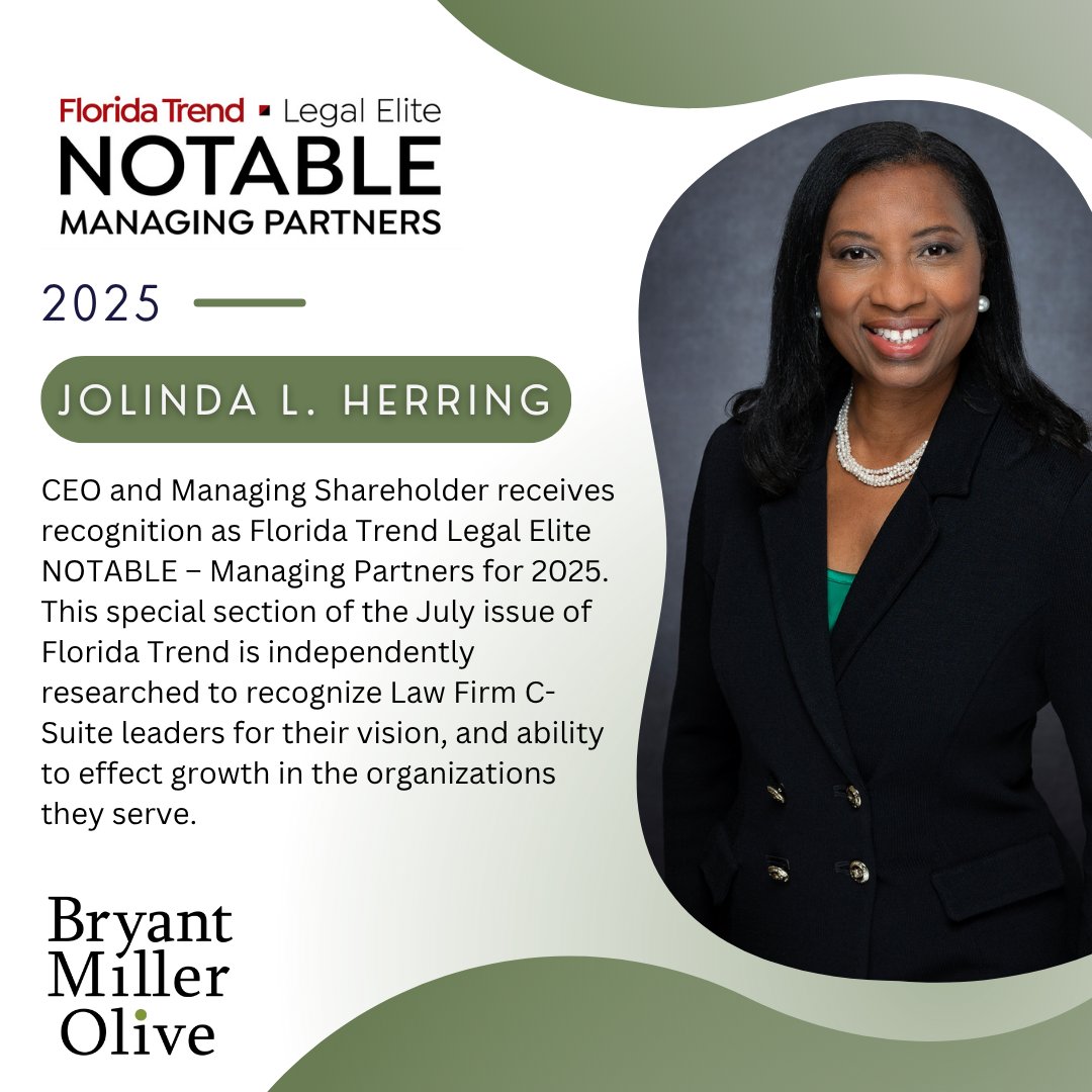 BMO_Law's tweet image. CEO and Managing Shareholder is recognized by @FloridaTrend as a Legal Elite Notable in the Managing Partners Section for 2025. She has been serving as the CEO and Managing Shareholder for the past six years, and has been practicing Public Finance Law for over 30 years at BMO.