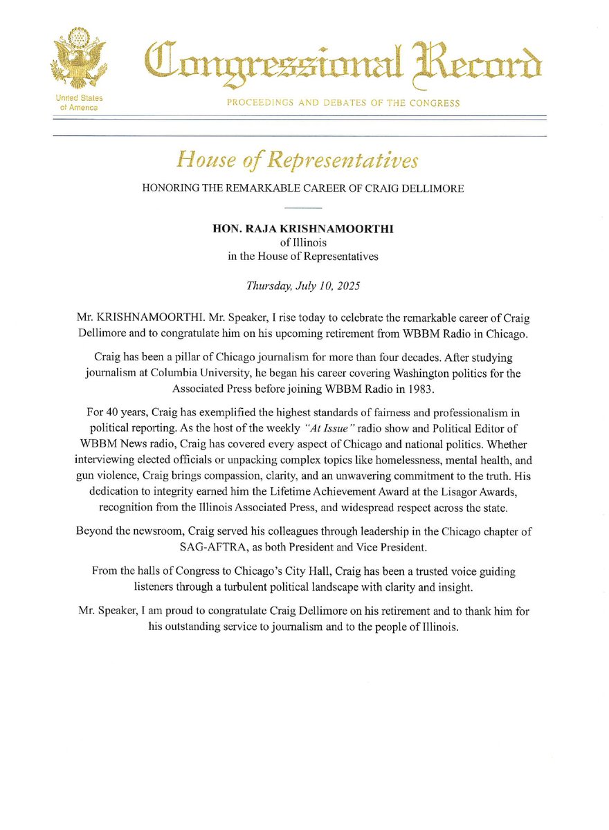 WBBM Newsradio (@wbbmnewsradio) on Twitter photo Craig Dellimore, who just retired as WBBM’s political editor, was honored today with an official submission in the Congressional record recognizing his career and contributions to the people of Illinois. Submitted by Congressman Krishnamoorthi. <a href="/CraigDellimore/">Craig Dellimore</a> <a href="/CongressmanRaja/">Congressman Raja Krishnamoorthi</a> Craig Dellimore, who just retired as WBBM’s political editor, was honored today with an official submission in the Congressional record recognizing his career and contributions to the people of Illinois. Submitted by Congressman Krishnamoorthi. <a href="/CraigDellimore/">Craig Dellimore</a> <a href="/CongressmanRaja/">Congressman Raja Krishnamoorthi</a>