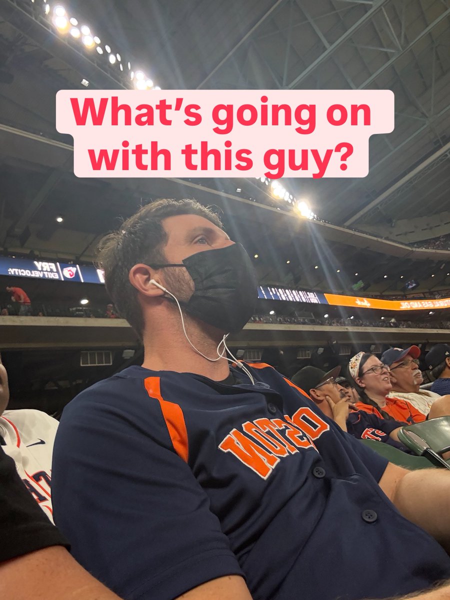 aaronemig's tweet photo. Went to the Astros game two nights ago and sat next to this guy — face mask, full play-by-play commentary out loud, and on Zoom. 😷⚾️🎙️
Not sure what was going on, but I was entertained. 😂
#Astros #OnlyInHouston #BaseballLife #PME https://t.co/34ww0y9Rwf