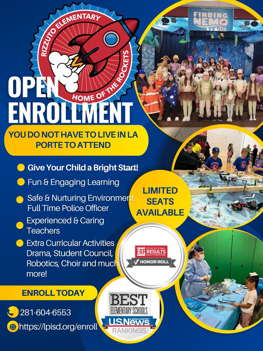RIZZUTOELEM's tweet image. Now enrolling for the 2025–2026 school year at Rizzuto Elementary! We offer Robotics, Drama Club, Choir, Student Council and more! You don’t have to live in La Porte to join our Rocket family! 
lpisd.org/enroll #ChooseLP #LPLegacy @lpisd
