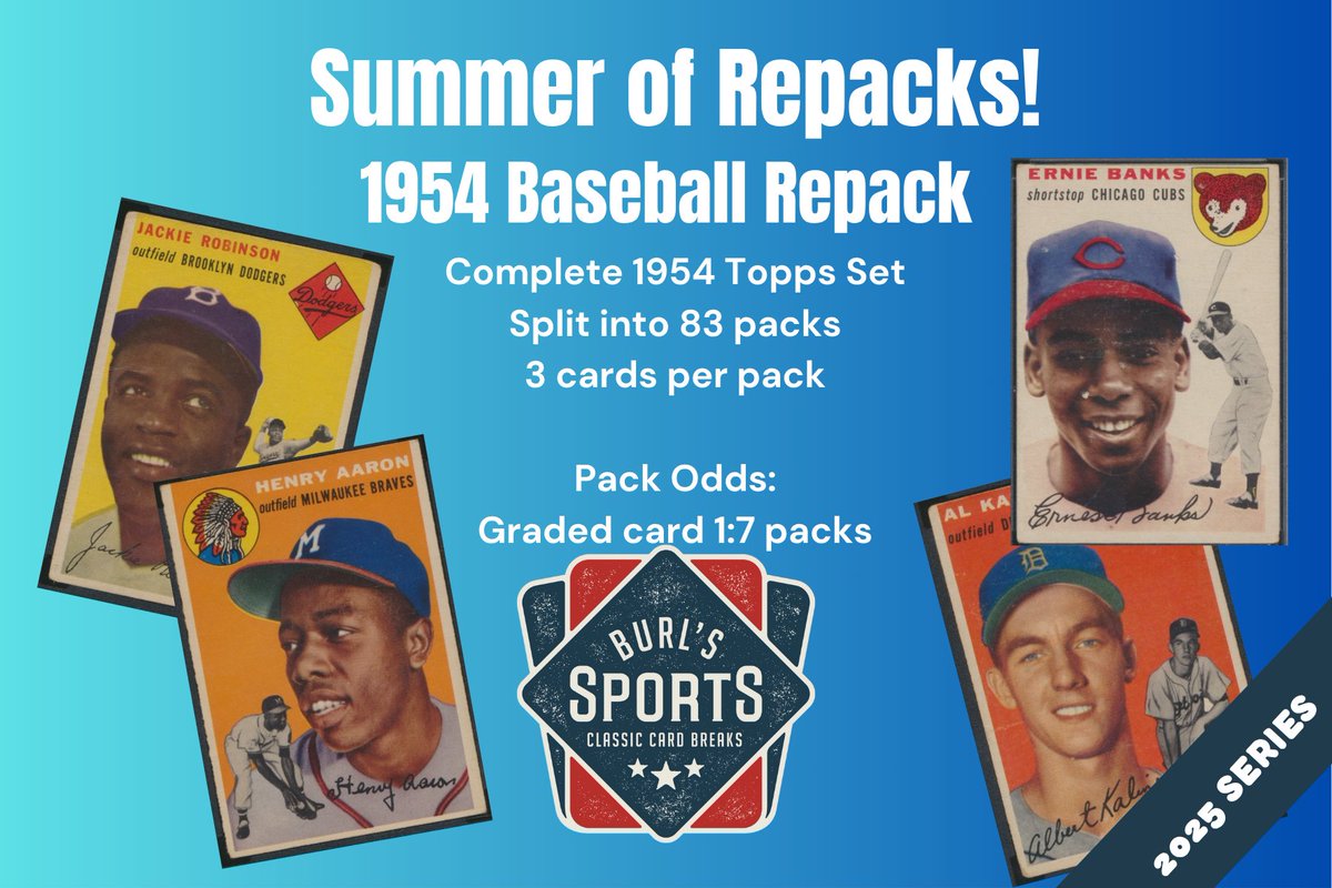 Want to win a free 1954 Topps repack? ($150 value!) I'm giving 1 away! To enter for a chance to win, 1) follow, 2) repost, &amp; 3) tag a friend who likes vintage. (Hank and Kaline have been hit.). Winner announced Monday afternoon. burlssports.com
