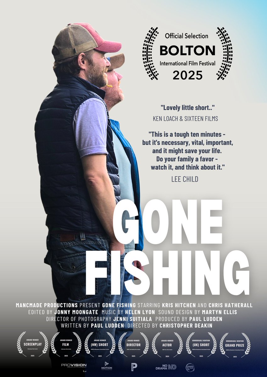 MancMade® Productions (@mancmadeprod) on Twitter photo Fantastic to hear that Gone Fishing will be screened in competition at this year's <a href="/BoltonFilmFest/">Bolton Film Festival</a>
Another opportunity to create a chance to talk about men's mental health, this time at a BIFA and BAFTA qualifying Film Festival here in the North West..
#MancMade #Manchester Fantastic to hear that Gone Fishing will be screened in competition at this year's <a href="/BoltonFilmFest/">Bolton Film Festival</a>
Another opportunity to create a chance to talk about men's mental health, this time at a BIFA and BAFTA qualifying Film Festival here in the North West..
#MancMade #Manchester