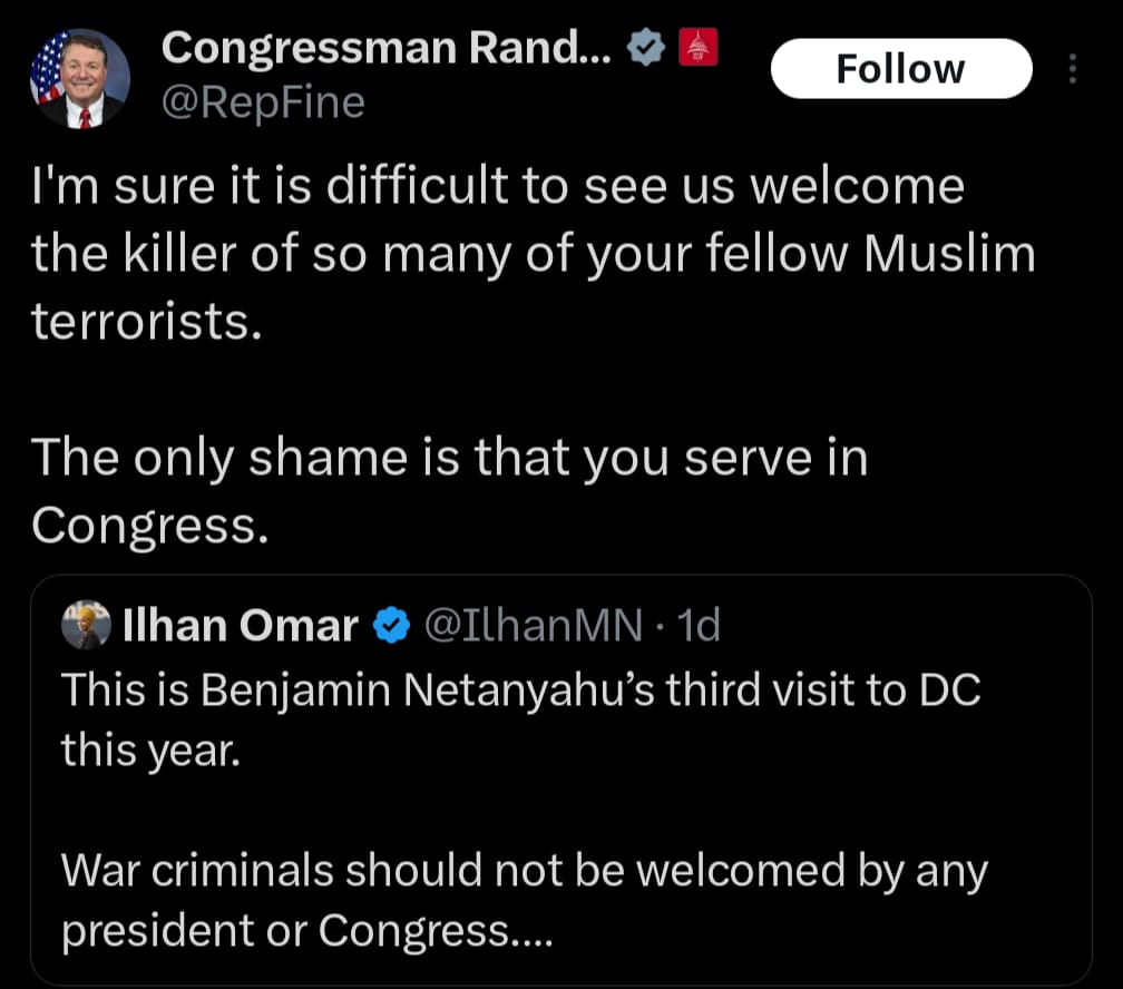 AyannaPressley's tweet image. Another no-name Republican spewing dangerous Islamophobic rhetoric at a Congresswoman for cheap political points.
Predictable, shameless clout-chasing. This is unacceptable and I stand with @IlhanMN.
Fine must be censured.