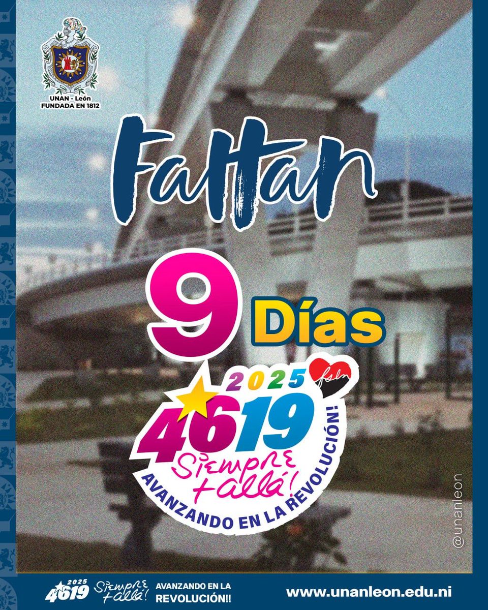 Compañer@s :
Solo nos falta 9 días para el  46/19.
Viva la Revolución Popular Sandinista.
#4619SimpreMásAllá