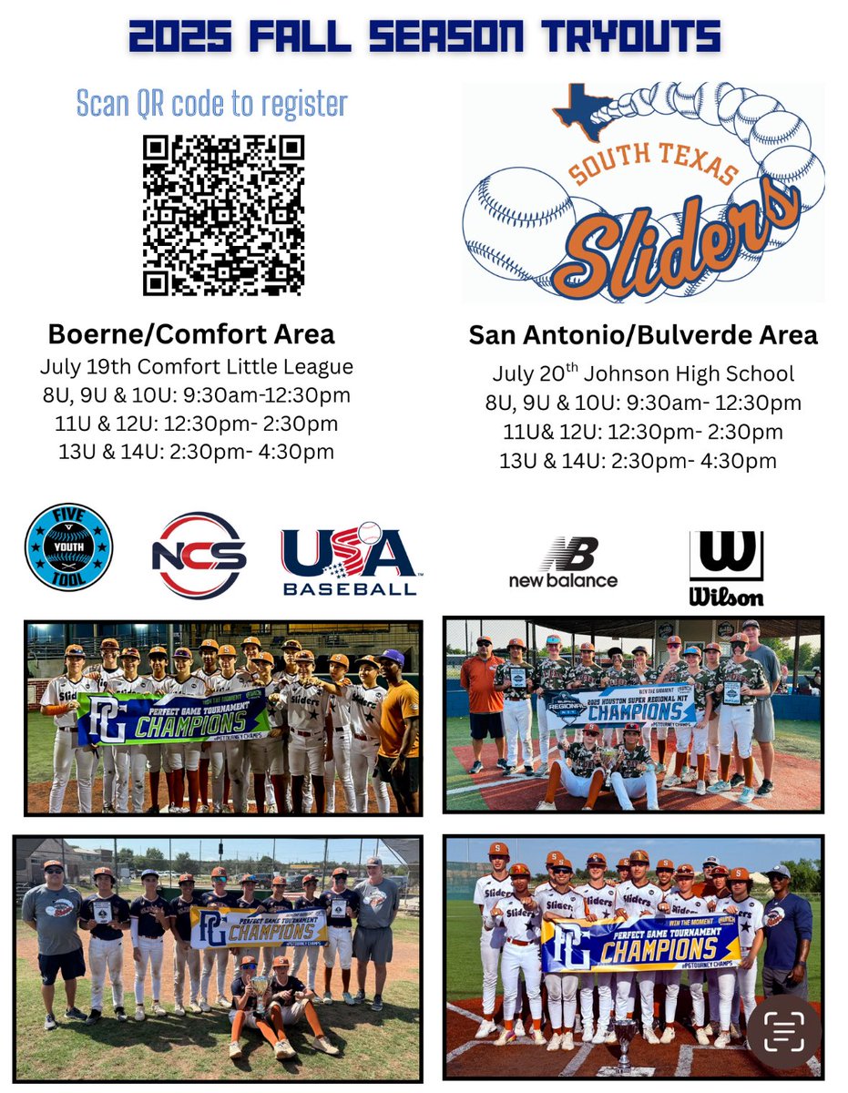 Don’t forget to register for our 2025 Fall tryouts next week! Click the QR Code or register online at southtexassliders.com