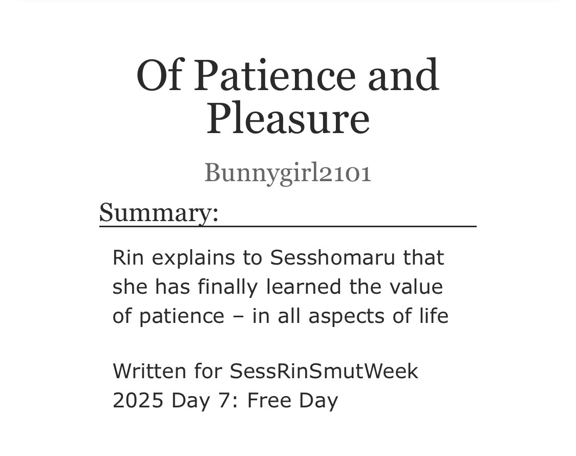 It’s the last day of #SessRinSmutWeek2025 &amp; I have one more fic

So happy I was actually able to do all 7 days – it was a marvelous experience &amp; I’ve been showered with so much love, my inbox &amp; my heart are full! Thank you! ❤️

archiveofourown.org/works/66500260

#SessRin #sessrinsmutweek25