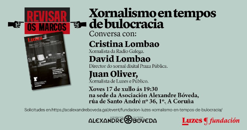 Nunha semana, o xoves 17 ás 19:30h, volvemos #RevisarOsMarcos.
Falaremos sobre Xornalismo en tempos de bulocracia con Cristina Lombao, <a href="/DavidLombao/">David Lombao</a> e <a href="/JOliverTuis/">Juan Oliver</a>.
Será coma sempre na sede da <a href="/ACBoveda/">AC. Alexandre Bóveda 🛰</a> en Santo André nº36, 1º n'A Coruña.