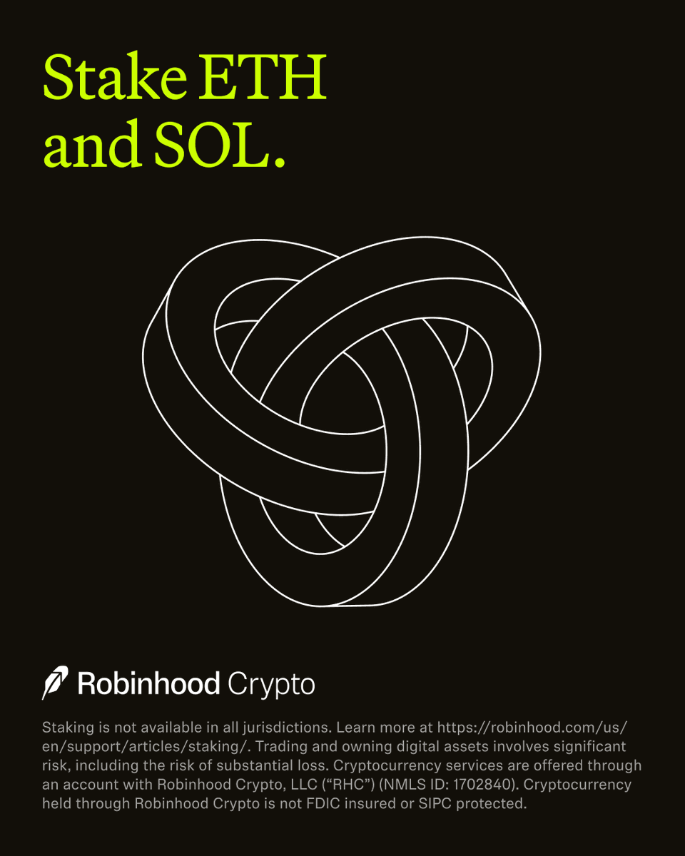 Staking is now available for U.S. customers.

Stake ETH and SOL on Robinhood Crypto with as little as $1 of crypto.