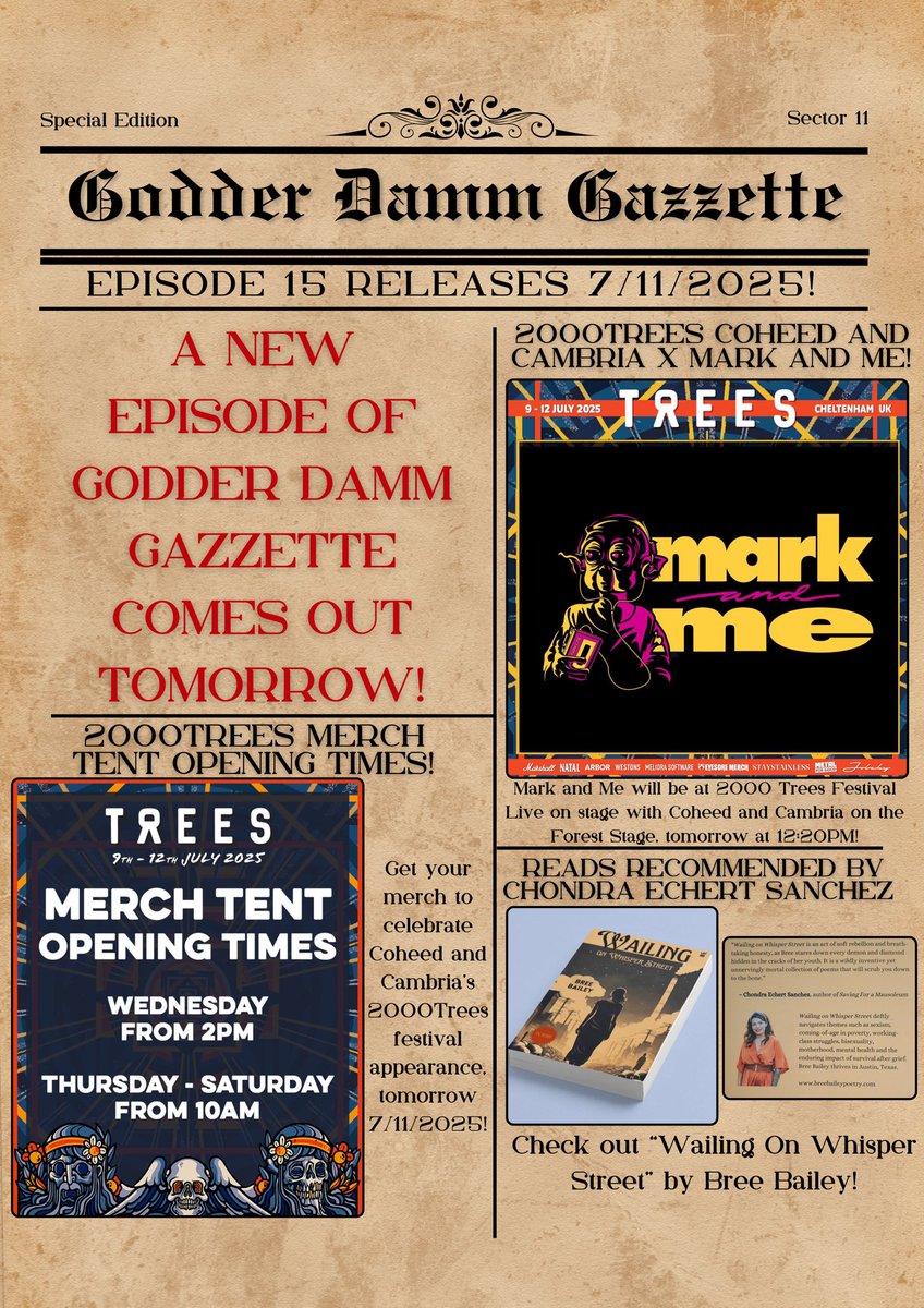 Godder Damm Gazzette (@gdgazzette) on Twitter photo We have a new episode ready for you TOMORROW!
In the meantime, for those of you attending <a href="/2000trees/">2000trees Festival</a>, be mindful of the merch tent opening times and be sure to get there early to catch a live Q&A with @coheed via <a href="/markandmepod/">Mark and Me Podcast</a>!
Also, check out works, recommended by <a href="/chonnye/">Chondra Echert Sanchez</a> We have a new episode ready for you TOMORROW!
In the meantime, for those of you attending <a href="/2000trees/">2000trees Festival</a>, be mindful of the merch tent opening times and be sure to get there early to catch a live Q&A with @coheed via <a href="/markandmepod/">Mark and Me Podcast</a>!
Also, check out works, recommended by <a href="/chonnye/">Chondra Echert Sanchez</a>