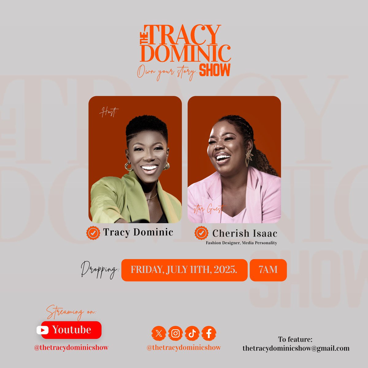 tracydom_show's tweet photo. Be ready for the main interview with Star @chatwithche , on The Tracy Dominic Show

Streaming, Friday, July 11th, 7AM. Set your reminders! 

#nigeriannewsdirect 
#africantalents https://t.co/KSefOBLpHo
