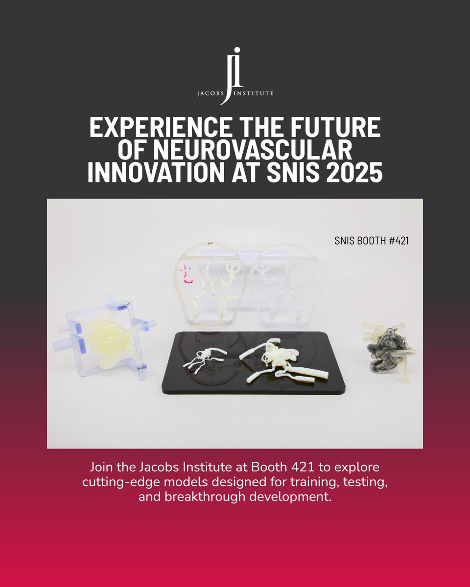 JacobsInstitute's tweet image. Heading to #SNIS2025 next week?

Stop by Booth 421 to explore JI’s cutting-edge neurovascular models, built for training, testing &amp;amp; innovation.

@SNISinfo @CVsection #Neurosurgery #Cerebrovascular