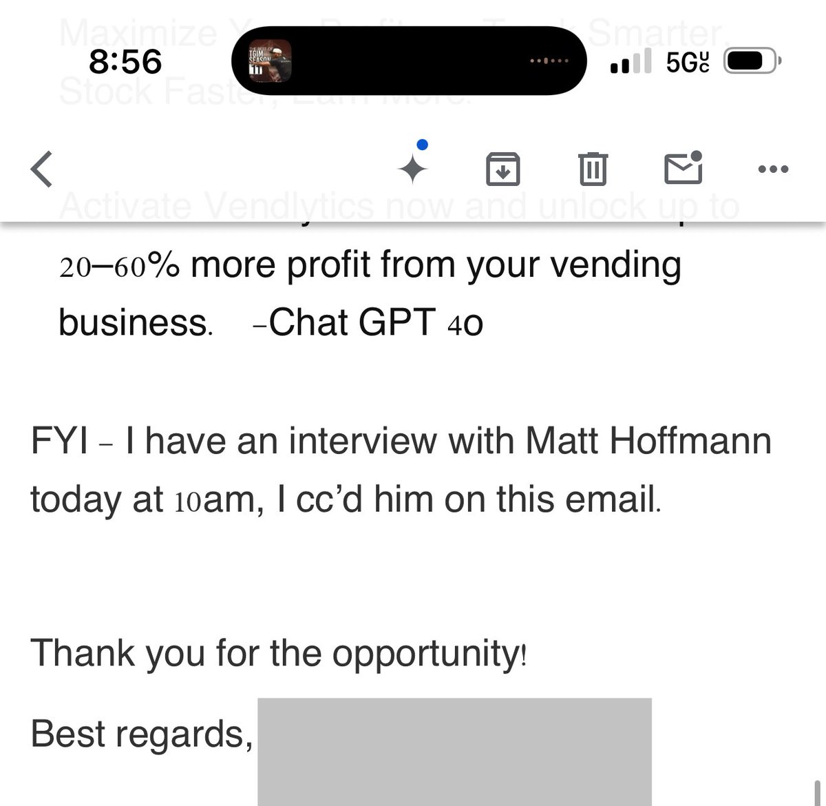 I have a marketing hire interview coming up in an hr. Ahead of every interview we always give candidates an assessment to do before interviewing.

His assessment was a marketing campaign - He pasted it from ChatGpt and he also called me Matt not Mike 👇

Do I still interview him?