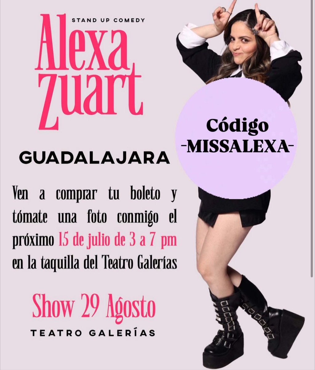 GdlTiempo's tweet photo. ¿Aún no tienes tus accesos para @soymuynecia este 29 de agosto en el @TeatroGalerias ?
Compra tus accesos en taquilla del teatro este 15 de julio de 3 a 7 pm y tómate una foto con #AlexaZuart https://t.co/Ro6StTkv4o