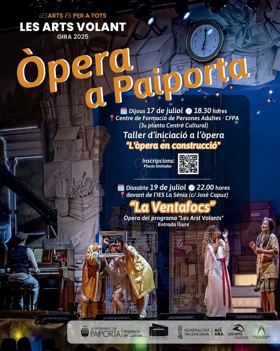 Auditori de Paiporta (@auditoripaiport) on Twitter photo Òpera a Paiporta
Gira 2025 de Les Arts Volants
📆 17/07
🕡 18.30
📌 CFPA (3r pis del Centre Cultural).
"´L'ÒPERA EN CONSTRUCCIÓ"
Taller d'iniciació a l'òpera
Inscripcions: acortar.link/SpmWlu
📆 19/07
🕙 22.00
📌 C/ José Capuz davant IES La Sènia
LA VENTAFOCS
Entrada lliure Òpera a Paiporta
Gira 2025 de Les Arts Volants
📆 17/07
🕡 18.30
📌 CFPA (3r pis del Centre Cultural).
"´L'ÒPERA EN CONSTRUCCIÓ"
Taller d'iniciació a l'òpera
Inscripcions: acortar.link/SpmWlu
📆 19/07
🕙 22.00
📌 C/ José Capuz davant IES La Sènia
LA VENTAFOCS
Entrada lliure