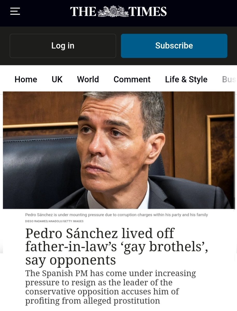 Los prostíbulos del suegro de Pedro Sánchez, de los que Pedro y Begoña Gómez se beneficiaron, en la portada web de The Times.

La prensa internacional va conociendo el pelaje de este sujeto.