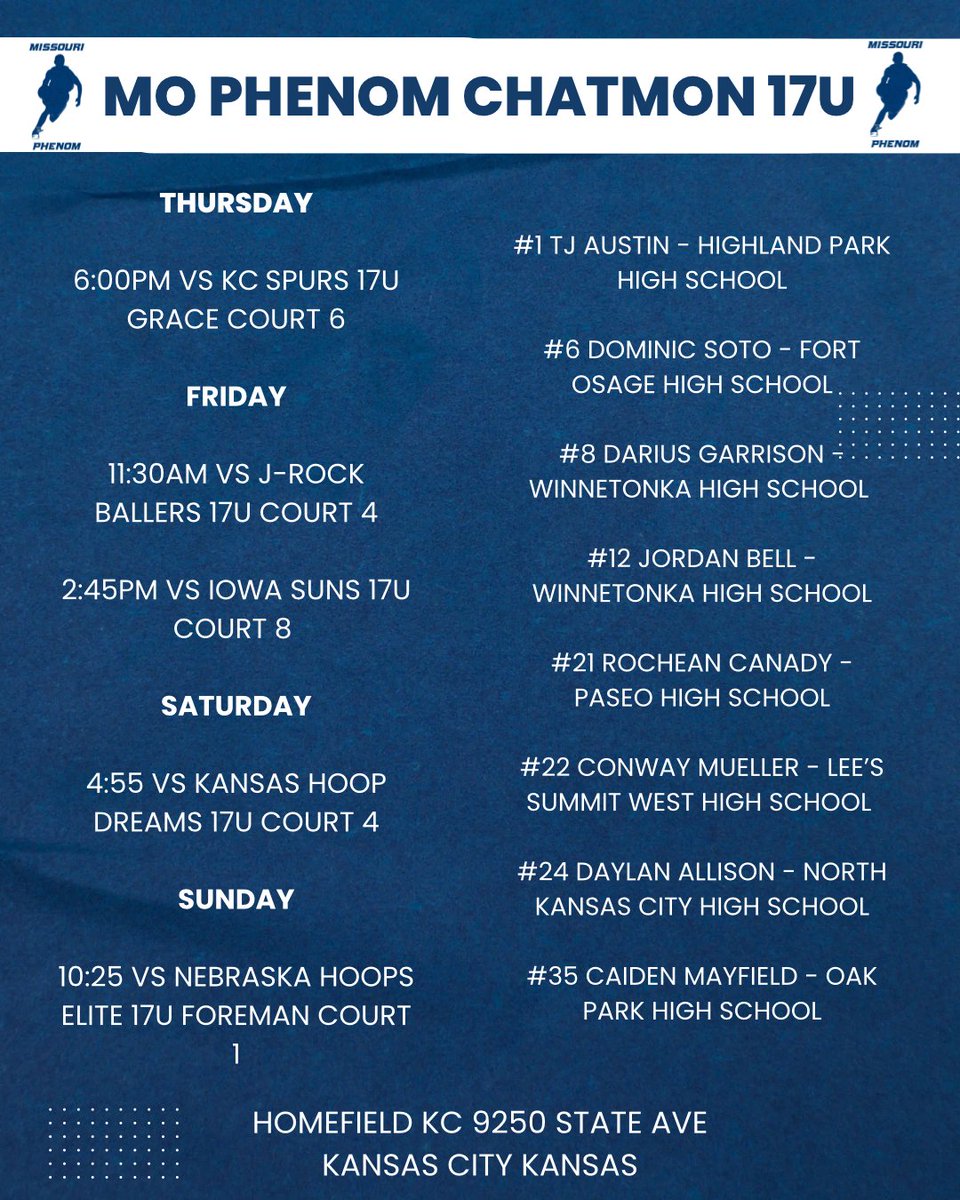 NorthSouthSkills (@frankaustinjr1) on Twitter photo Coaches in Kansas City this weekend come check out these 2026 talents! We will be at homefield! <a href="/usdmbb/">San Diego Men's Basketball</a> <a href="/Stephens_BB/">Stephens College Basketball</a> <a href="/ParkUniversity/">Park University</a> <a href="/SPXMensBB/">SPX Men's Basketball</a> <a href="/JCCC_CavsMBB/">Johnson County Men's Basketball</a> <a href="/MissouriWestern/">MoWest</a> <a href="/MissouriState/">Missouri State</a> <a href="/DU_MensBBALL/">Davenport Men's Basketball</a> <a href="/IUN_MensBBall/">🏀IU Northwest Men's Basketball🏀</a> Coaches in Kansas City this weekend come check out these 2026 talents! We will be at homefield! <a href="/usdmbb/">San Diego Men's Basketball</a> <a href="/Stephens_BB/">Stephens College Basketball</a> <a href="/ParkUniversity/">Park University</a> <a href="/SPXMensBB/">SPX Men's Basketball</a> <a href="/JCCC_CavsMBB/">Johnson County Men's Basketball</a> <a href="/MissouriWestern/">MoWest</a> <a href="/MissouriState/">Missouri State</a> <a href="/DU_MensBBALL/">Davenport Men's Basketball</a> <a href="/IUN_MensBBall/">🏀IU Northwest Men's Basketball🏀</a>