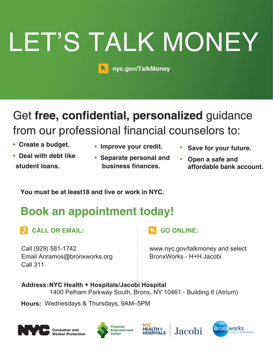 JacobiHosp's tweet image. 📣 Starting today (July 10), Jacobi has partnered w/ @BronxWorks to offer free financial counseling on-site!
📍Atrium, Bldg. 8 (near Pirate Ship)
🗓️ Wednesdays & Thursdays | 9AM–5PM
📆 July 2025–June 2026
.
.
#JacobiHospital #BronxWorks #FinancialWellness