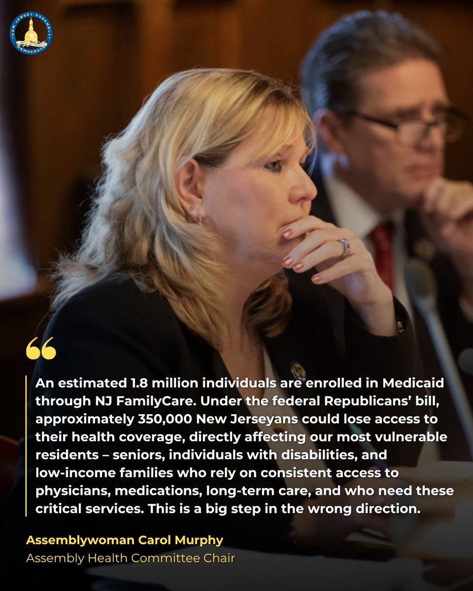 NJ Assembly Democrats (@njassemblydems) on Twitter photo The GOP Spending Bill guts Medicaid funds, jeopardizing access to healthcare for hundreds of thousands of New Jerseyans. <a href="/AswCarolMurphy/">Assemblywoman Carol Murphy</a> calls the Republican-sponsored legislation “a significant setback for public health in New Jersey." Full statement: assemblydems.com/CivicAlerts.as… The GOP Spending Bill guts Medicaid funds, jeopardizing access to healthcare for hundreds of thousands of New Jerseyans. <a href="/AswCarolMurphy/">Assemblywoman Carol Murphy</a> calls the Republican-sponsored legislation “a significant setback for public health in New Jersey." Full statement: assemblydems.com/CivicAlerts.as…